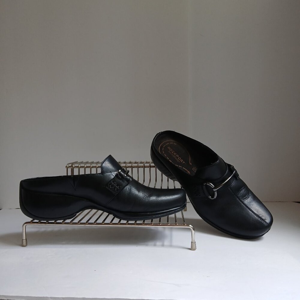 Black Leather Upper Waterproof Mules Gunmetal Bar Horsebit Decoration Sz 7M